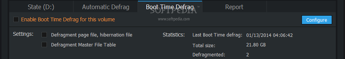 Showing the Smart Defrag boot time defrag tab